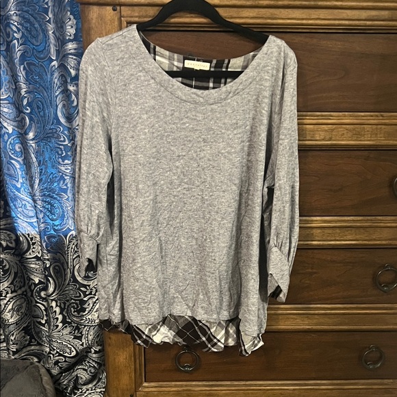 Cato Tops - Cato Gray Plaid Layered Long Sleeve Top